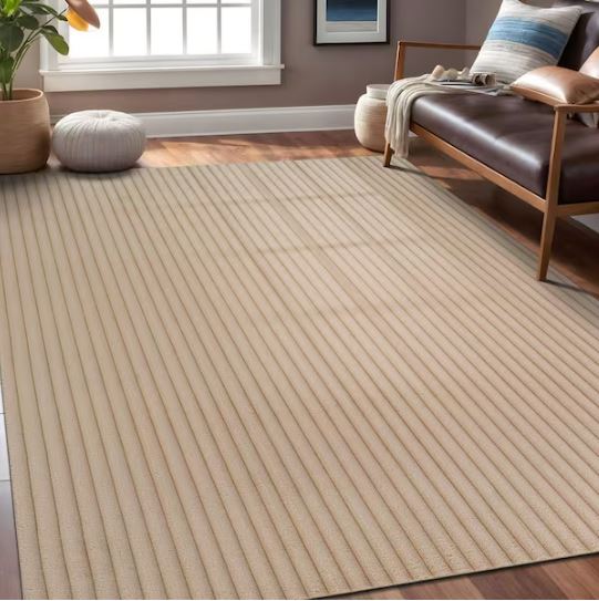 UltraPlush Touch 8 ft. x 10 ft. Beige Non-Slip Rubber Back Washable Polyester Stripes Indoor Area Rug