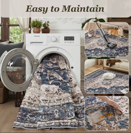 8' x 10' Soft Vintage Floral Non-Slip Washable Area Rug For Living Room, Bedroom Navy