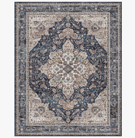 8' x 10' Soft Vintage Floral Non-Slip Washable Area Rug For Living Room, Bedroom Navy