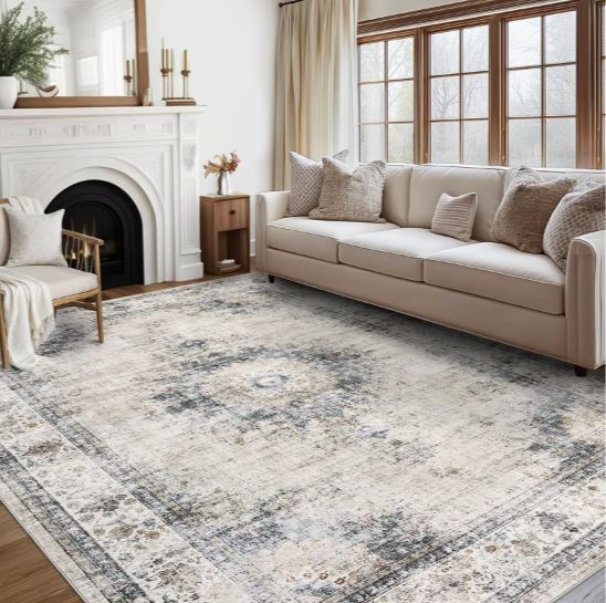 10' × 13' Extra Large Area Rug Washable Living Room Rug Ultra Soft Thin Non-Slip Backing Vintage Floor Cover Foldable Stain Resistant Retro Carpet for Bedroom Dining Room,Sage