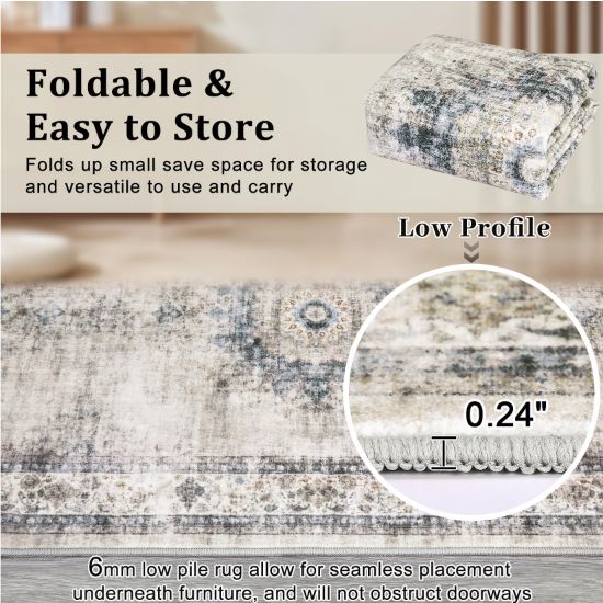 10' × 13' Extra Large Area Rug Washable Living Room Rug Ultra Soft Thin Non-Slip Backing Vintage Floor Cover Foldable Stain Resistant Retro Carpet for Bedroom Dining Room,Sage