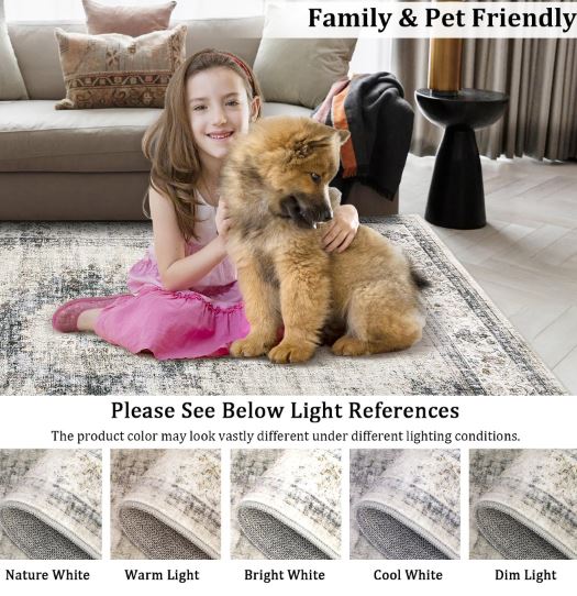 10' × 13' Extra Large Area Rug Washable Living Room Rug Ultra Soft Thin Non-Slip Backing Vintage Floor Cover Foldable Stain Resistant Retro Carpet for Bedroom Dining Room,Sage