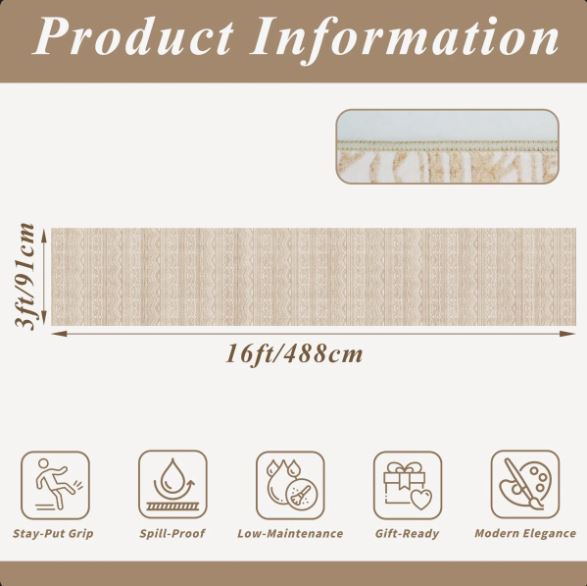 Size 3' x 16' Rug Runners Washable - Moroccan Hallway Runner Rug Non Slip Kitchen Runner Low Pile Soft Indoor Floor Mat Front Door for Bedroom Entryway Laundry Beige