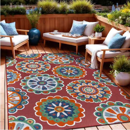 Mandala Red 8 ft. x 10 ft. Washable Bohemian Medallion Indoor Outdoor Area Rug
