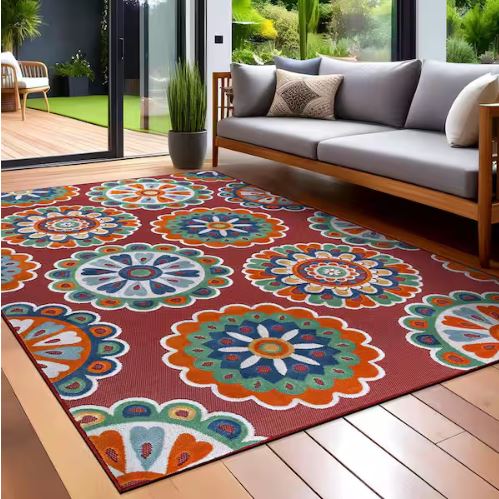 Mandala Red 8 ft. x 10 ft. Washable Bohemian Medallion Indoor Outdoor Area Rug