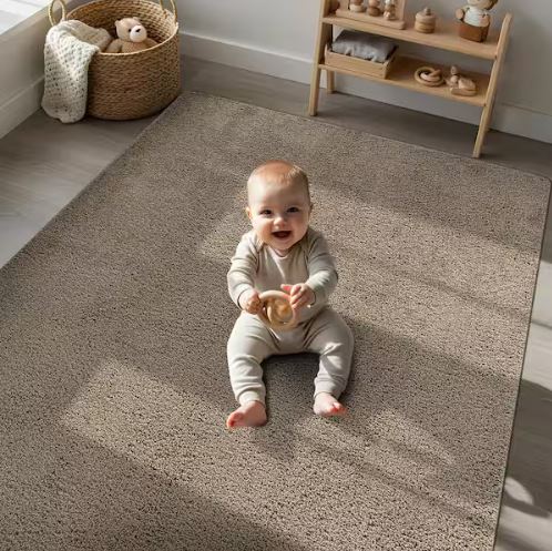 6 ft. x 9 ft. Beige Silky Solid Plus Thick Pile Non Slip Easy Clean Non Shedding Modern Indoor Area Rug