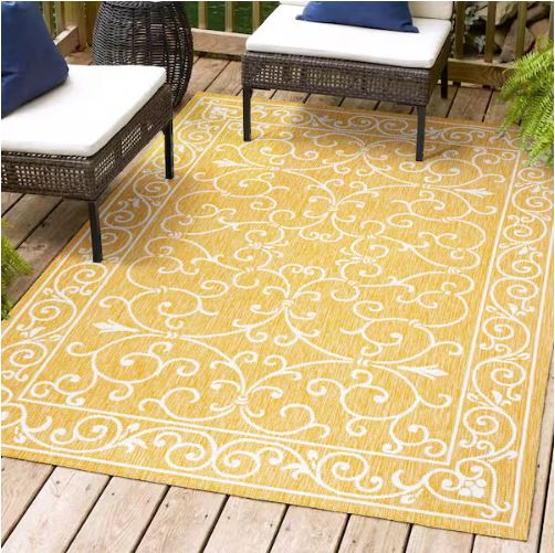 Charleston Vintage Filigree Textured Weave Yellow/Cream 8 ft. x 10 ft. Indoor/Outdoor Area Rug