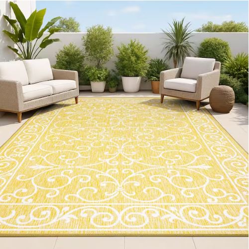 Charleston Vintage Filigree Textured Weave Yellow/Cream 8 ft. x 10 ft. Indoor/Outdoor Area Rug