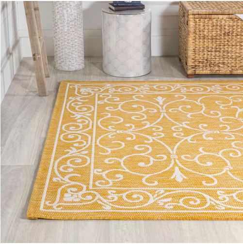 Charleston Vintage Filigree Textured Weave Yellow/Cream 8 ft. x 10 ft. Indoor/Outdoor Area Rug