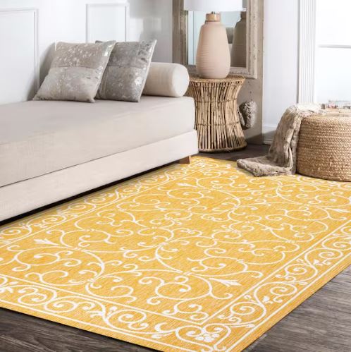 Charleston Vintage Filigree Textured Weave Yellow/Cream 8 ft. x 10 ft. Indoor/Outdoor Area Rug