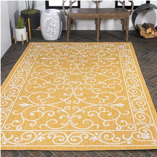 Charleston Vintage Filigree Textured Weave Yellow/Cream 8 ft. x 10 ft. Indoor/Outdoor Area Rug