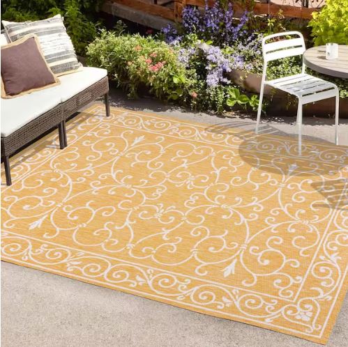 Charleston Vintage Filigree Textured Weave Yellow/Cream 8 ft. x 10 ft. Indoor/Outdoor Area Rug