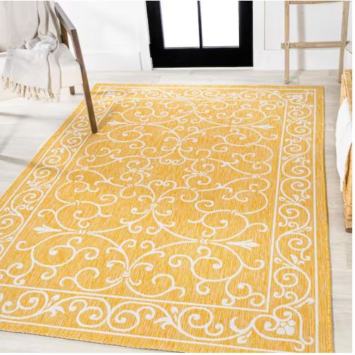 Charleston Vintage Filigree Textured Weave Yellow/Cream 8 ft. x 10 ft. Indoor/Outdoor Area Rug