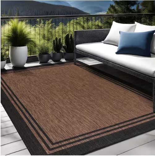 8 X 10 Gold Black Aloha Washable Bordered Indoor Outdoor Area Rug