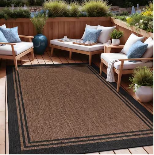 8 X 10 Gold Black Aloha Washable Bordered Indoor Outdoor Area Rug