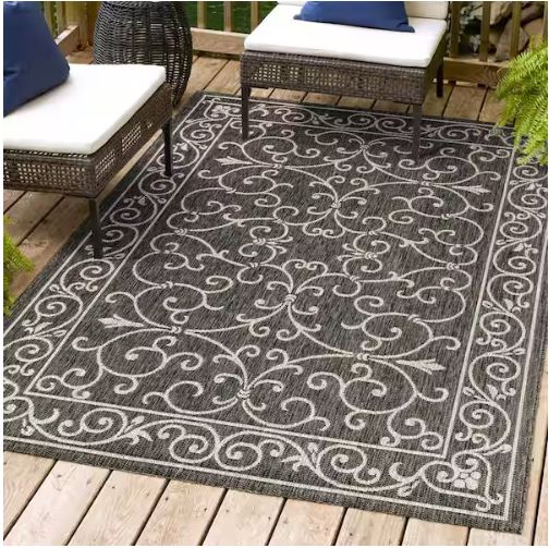 Charleston Vintage Filigree Black/Gray 7 ft. 9 in. x 10 ft. Textured Weave Indoor/Outdoor Area Rug