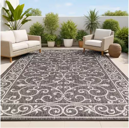 Charleston Vintage Filigree Black/Gray 7 ft. 9 in. x 10 ft. Textured Weave Indoor/Outdoor Area Rug