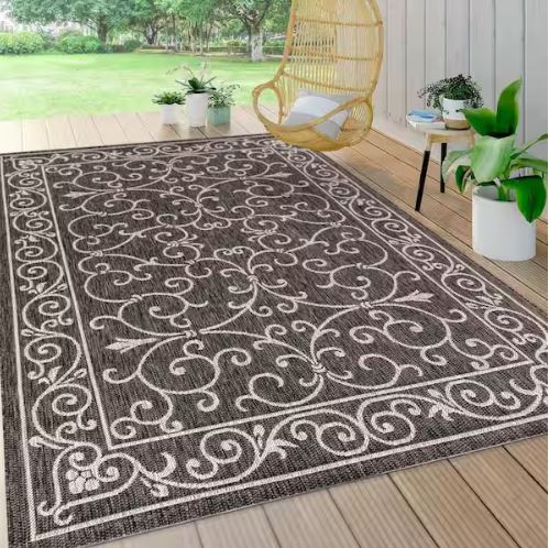 Charleston Vintage Filigree Black/Gray 7 ft. 9 in. x 10 ft. Textured Weave Indoor/Outdoor Area Rug