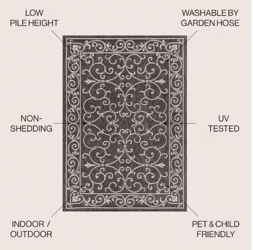 Charleston Vintage Filigree Black/Gray 7 ft. 9 in. x 10 ft. Textured Weave Indoor/Outdoor Area Rug