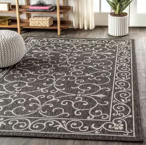 Charleston Vintage Filigree Black/Gray 7 ft. 9 in. x 10 ft. Textured Weave Indoor/Outdoor Area Rug