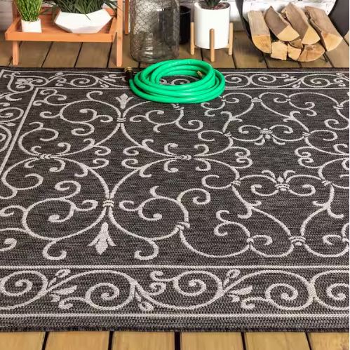 Charleston Vintage Filigree Black/Gray 7 ft. 9 in. x 10 ft. Textured Weave Indoor/Outdoor Area Rug