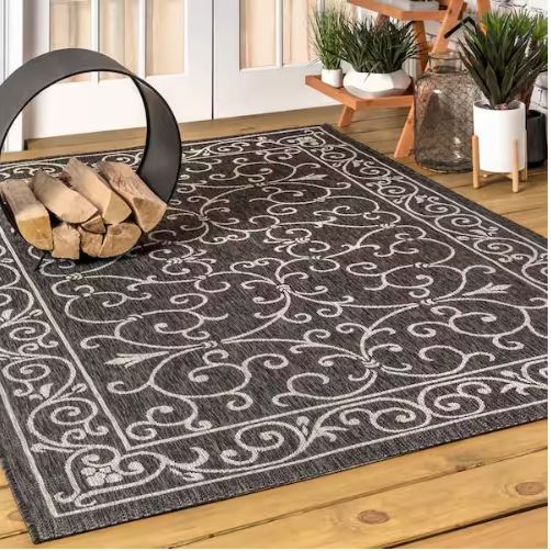Charleston Vintage Filigree Black/Gray 7 ft. 9 in. x 10 ft. Textured Weave Indoor/Outdoor Area Rug