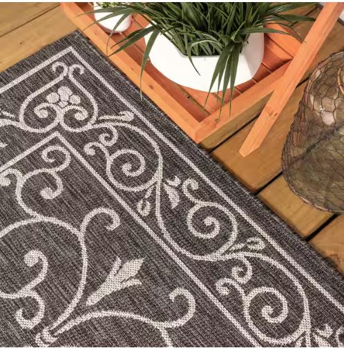 Charleston Vintage Filigree Black/Gray 7 ft. 9 in. x 10 ft. Textured Weave Indoor/Outdoor Area Rug
