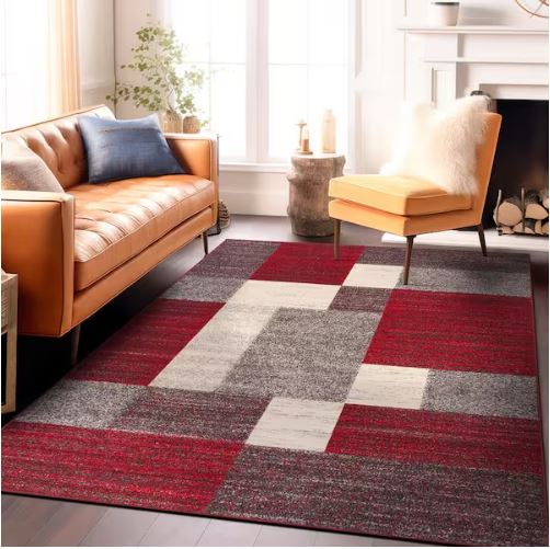 Geometric Boxes Design Non-Slip (Non-Skid) Red 7 ft. 10 in. x 10 ft. Indoor Area Rug