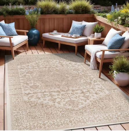 Athena Beige 6 ft. x 9 ft. Oriental Border Indoor Outdoor Patio Area Rug