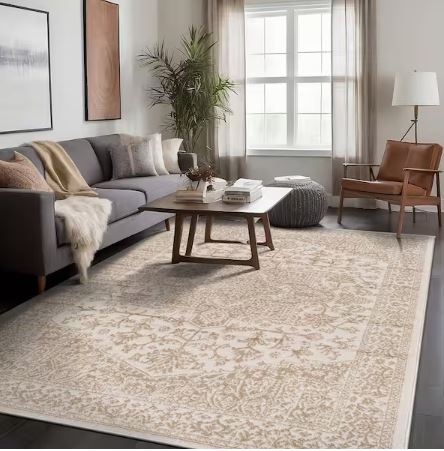 Athena Beige 6 ft. x 9 ft. Oriental Border Indoor Outdoor Patio Area Rug