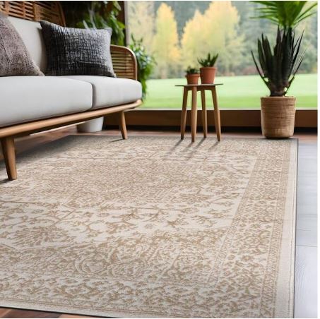 Athena Beige 6 ft. x 9 ft. Oriental Border Indoor Outdoor Patio Area Rug