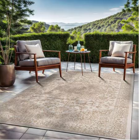 Athena Beige 6 ft. x 9 ft. Oriental Border Indoor Outdoor Patio Area Rug