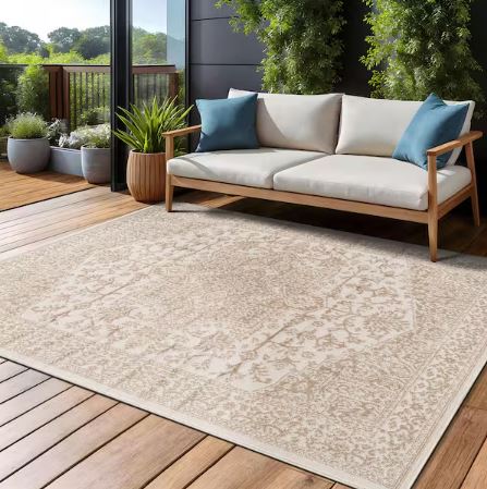 Athena Beige 6 ft. x 9 ft. Oriental Border Indoor Outdoor Patio Area Rug