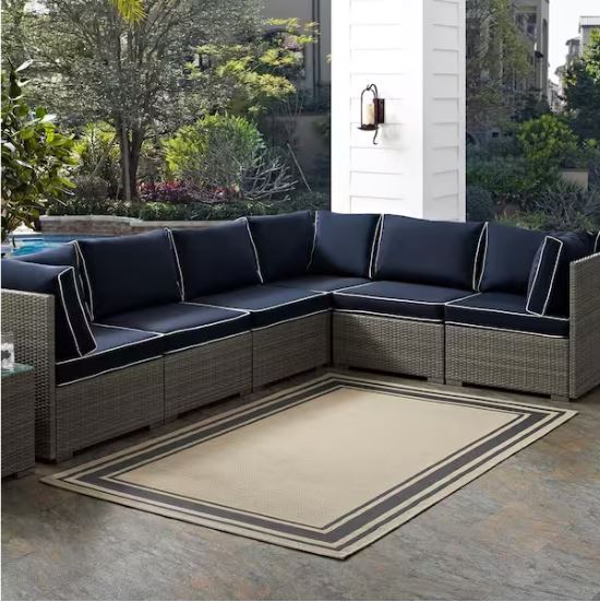 Rim Solid Border Borderline 8 ft. x 10 ft. Indoor and Outdoor Area Rug in Gray and Beige