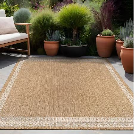 8 ft. x 10 ft. Frame Natural Geometric Bordered Washable Indoor Outdoor Area Rug