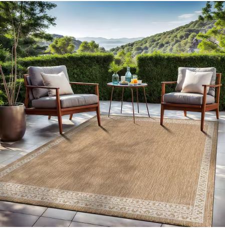 8 ft. x 10 ft. Frame Natural Geometric Bordered Washable Indoor Outdoor Area Rug