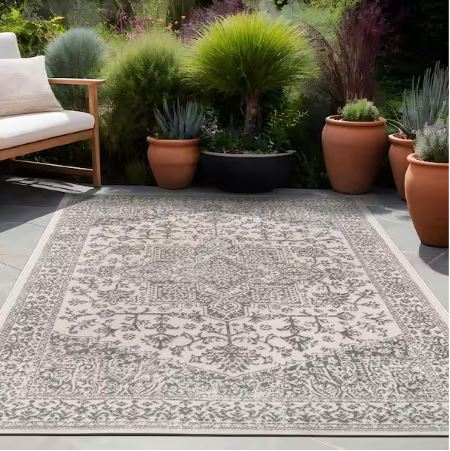 6 ft. x 9 ft. Athena Gray Rubber Back Washable Oriental Border Indoor Outdoor Patio Area Rug
