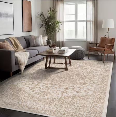 6 ft. x 9 ft. Athena Beige Washable Oriental Border Indoor Outdoor Patio Area Rug