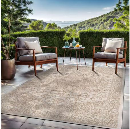 6 ft. x 9 ft. Athena Beige Washable Oriental Border Indoor Outdoor Patio Area Rug