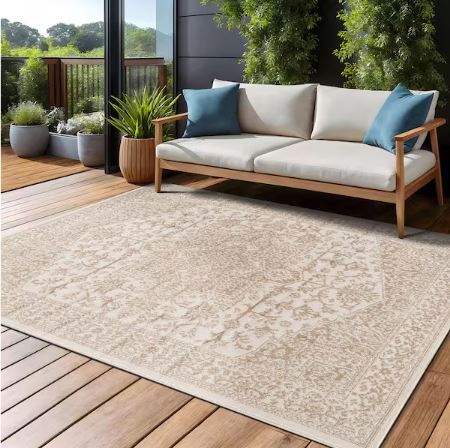 6 ft. x 9 ft. Athena Beige Washable Oriental Border Indoor Outdoor Patio Area Rug