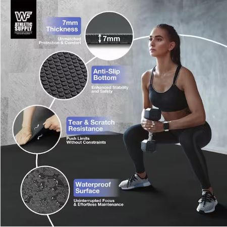 Black 60 in. W x 84 in. L x 7mm T Large Premium Vinyl Gym Flooring Mat Heavy-Duty Workout Mat Covers 35 sq. ft.