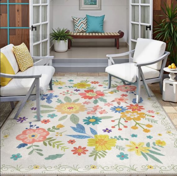 Aloha Washable Rug Outdoor Floral, Non-Shedding & Easy to Clean, Ideal for Patio, Backyard, Mudroom
