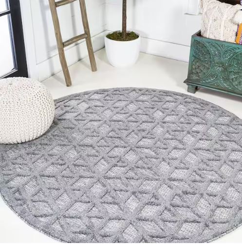 Talaia Neutral Geometric Dark Gray 5 ft. Round Indoor/Outdoor Area Rug