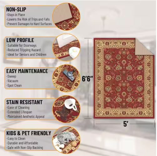 Ottohome Collection Non-Slip Rubberback Oriental Design 5x7 Indoor Area Rug, 5 ft. x 6 ft. 6in., Dark Red