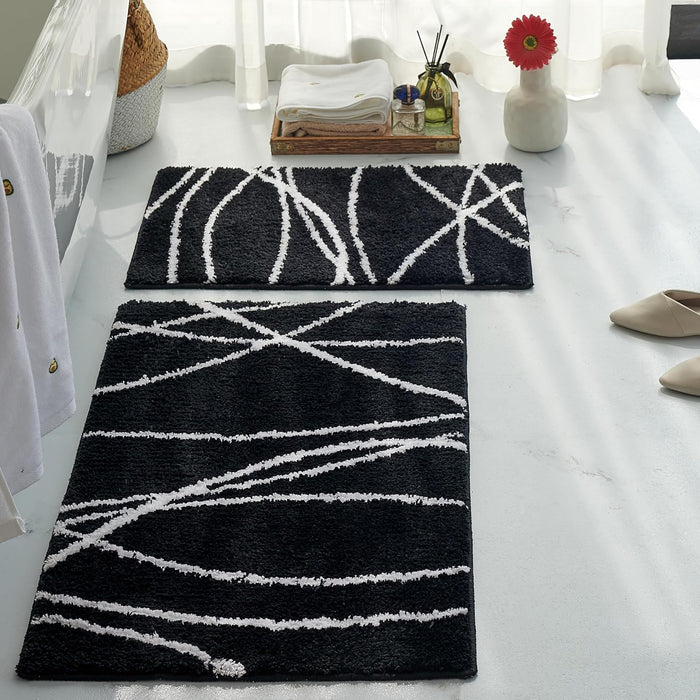 Tititex Luxury Black White Curve Line Bathroom Rug Set, 20x32 inch + 16x24 inch 2 pcs Extra Soft and Absorbent Microfiber Bath Rugs, Non-Slip Plush Shaggy Carpet, Mats for Floor, Tub and Shower