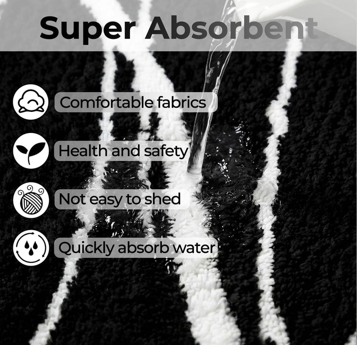 Tititex Luxury Black White Curve Line Bathroom Rug Set, 20x32 inch + 16x24 inch 2 pcs Extra Soft and Absorbent Microfiber Bath Rugs, Non-Slip Plush Shaggy Carpet, Mats for Floor, Tub and Shower