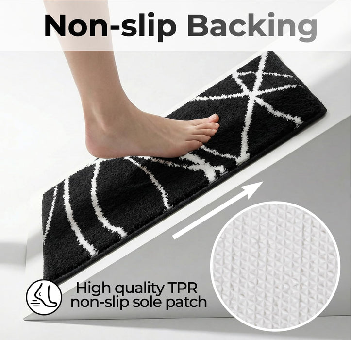 Tititex Luxury Black White Curve Line Bathroom Rug Set, 20x32 inch + 16x24 inch 2 pcs Extra Soft and Absorbent Microfiber Bath Rugs, Non-Slip Plush Shaggy Carpet, Mats for Floor, Tub and Shower