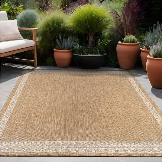 Frame Natural 9 ft. x 12 ft. Geometric Bordered Washable Indoor Outdoor Area Rug