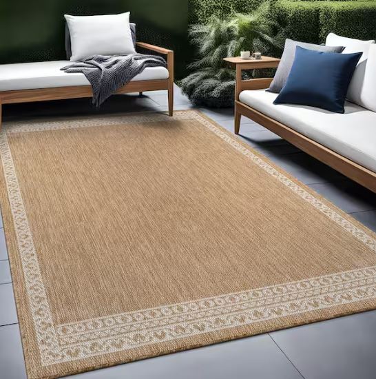 Frame Natural 9 ft. x 12 ft. Geometric Bordered Washable Indoor Outdoor Area Rug
