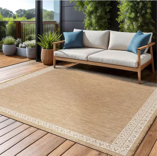 Frame Natural 9 ft. x 12 ft. Geometric Bordered Washable Indoor Outdoor Area Rug